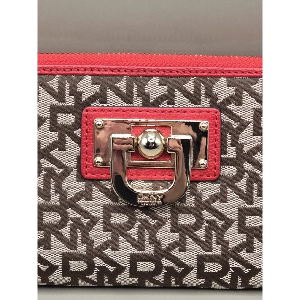 DKNY Logo Monogram Zip Around Wallet Brown Beige Pink Coral Continental